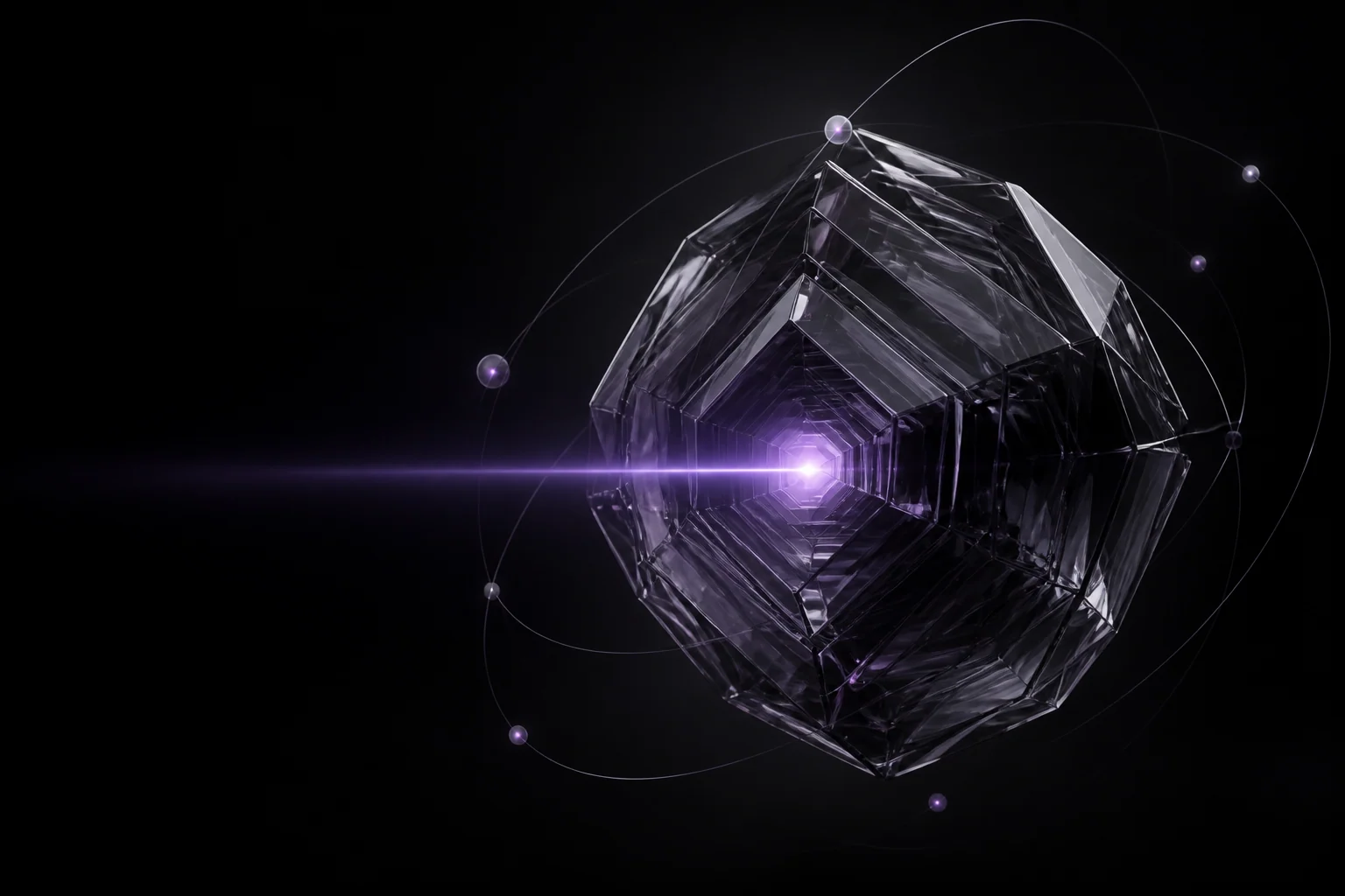 Núcleo abstrato de inteligência em vidro negro com um pulso violeta